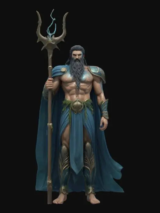 3D model for Photorealistic concept art of Poseidon, god of the sea, standing in a commanding pose on a stormy shoreline or rising from the ocean waves. He appears as a powerful, mature man with a muscular, divine physique, long flowing seaweed-like dark hair, and a majestic beard streaked with silver. His eyes glow faintly blue, reflecting the depths of the ocean. He wears ornate armor pieces made of coral, gold, and ancient bronze, partially covered by a flowing sea-blue cloak or royal tunic that whips in the wind.
In his right hand, he holds a massive trident forged from celestial metal, crackling with aquatic energy and encrusted with glowing blue runes. Around him, the sea roars—water spirals around his feet, and lightning arcs across a stormy sky. 