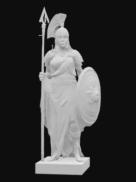 3D model for Photorealistic depiction of Athena, the ancient Greek goddess of wisdom and war, shown as a regal and powerful woman standing tall in a commanding pose. She wears a flowing white and gold chiton, layered with ornate bronze armor engraved with owl and olive motifs. A detailed Corinthian helmet, raised to reveal her calm but piercing gaze, rests atop her long, wavy dark-blonde hair. In one hand, she holds a tall spear with intricate etchings along the shaft, and in the other, a polished round shield bearing the face of Medusa — the Aegis. Her expression is serene, wise, yet unyielding.
She stands atop a marble pedestal or temple steps, with soft sunlight illuminating her from behind, casting a golden aura. The background includes ancient columns, olive trees, and faint celestial light