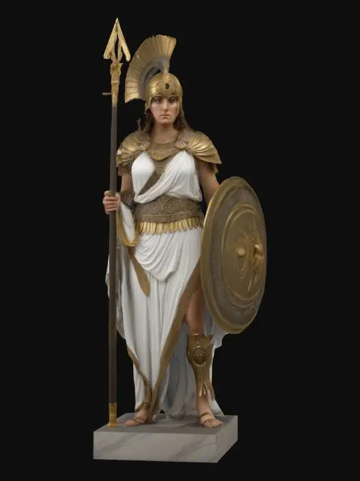 3D model for Photorealistic depiction of Athena, the ancient Greek goddess of wisdom and war, shown as a regal and powerful woman standing tall in a commanding pose. She wears a flowing white and gold chiton, layered with ornate bronze armor engraved with owl and olive motifs. A detailed Corinthian helmet, raised to reveal her calm but piercing gaze, rests atop her long, wavy dark-blonde hair. In one hand, she holds a tall spear with intricate etchings along the shaft, and in the other, a polished round shield bearing the face of Medusa — the Aegis. Her expression is serene, wise, yet unyielding.
She stands atop a marble pedestal or temple steps, with soft sunlight illuminating her from behind, casting a golden aura. The background includes ancient columns, olive trees, and faint celestial light