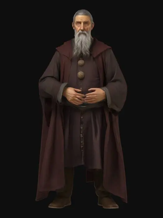 3D model for Photorealistic character inspired by Leonardo da Vinci, portrayed as a wise and enigmatic Renaissance polymath. He appears in his mid-60s, with long, wavy grey hair and a full beard. His expression is contemplative yet observant, with deep-set, intelligent eyes. He wears a dark brown or burgundy Renaissance tunic, with ornate buttons and layered fabrics, along with a scholar’s cloak draped over his shoulders. 