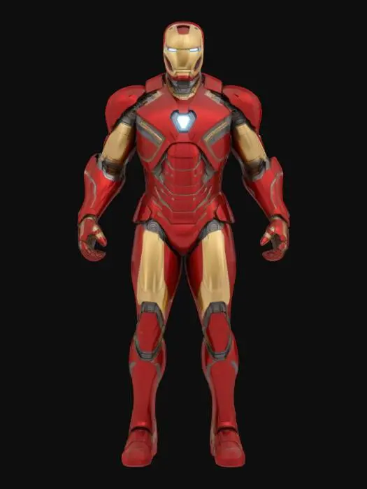 3D model for Ultra-detailed 3D model of Iron Man in his iconic red and gold armor, inspired by the Mark LXXXV suit from Avengers: Endgame. The armor features hyper-realistic metallic surfaces with PBR textures — red anodized titanium panels with subtle edge wear and scuff marks, gold-plated joints, and intricate mechanical underlayers visible in the arm, chest, and leg seams. The Arc Reactor is embedded in the chest plate, glowing with a soft blue light, with inner circuitry and illumination bloom effects.
Armor segments are fully articulated: shoulder pads, elbow guards, gauntlets, knee plates, and jet boots with detailed thrusters and micro-flap mechanisms. Visible nano-tech panel lines suggest modular movement.