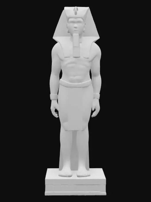 3D model for 3D ultra-detailed model of an ancient Egyptian statue in pristine, undamaged condition, representing a pharaoh as found in the Temple of Luxor at the height of its splendor. The figure stands upright with perfect symmetry, wearing the Nemes headdress, ceremonial beard, and royal kilt. The statue’s surface is smooth, with crisp carvings and no weathering, cracks, or erosion. Material is polished black granite or warm sandstone with visible tool detailing in the sculpted features.

Includes a decorated pedestal with clear, colorful hieroglyphs and symmetrical ornamentation. PBR materials include base color, roughness, normal, and ambient occlusion maps to simulate realistic stone finish. Ideal for temple interiors, museum reconstructions, or historical simulations.