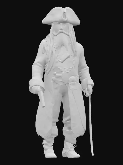 3D model for Ultra-detailed character of a pirate captain inspired by Edward “Blackbeard” Teach. A tall, broad-shouldered man with intense dark eyes and a wild, braided black beard adorned with smoking fuses woven into the braids. He wears a weathered tricorn hat, long black naval coat with gold embroidery, leather belts across his chest holding flintlock pistols, and a cutlass at his side. His boots are worn, coat tattered at the edges, and rings of silver and gold decorate his fingers. His expression is fearsome, commanding, and cold. Perfect for dark, stormy naval settings or cinematic pirate lore. PBR-ready, high-resolution textures, real-world scale.