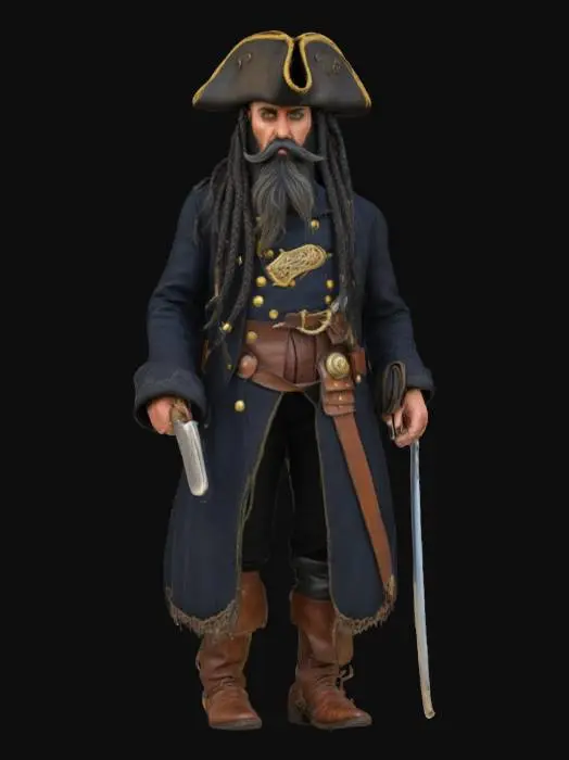 3D model for Ultra-detailed character of a pirate captain inspired by Edward “Blackbeard” Teach. A tall, broad-shouldered man with intense dark eyes and a wild, braided black beard adorned with smoking fuses woven into the braids. He wears a weathered tricorn hat, long black naval coat with gold embroidery, leather belts across his chest holding flintlock pistols, and a cutlass at his side. His boots are worn, coat tattered at the edges, and rings of silver and gold decorate his fingers. His expression is fearsome, commanding, and cold. Perfect for dark, stormy naval settings or cinematic pirate lore. PBR-ready, high-resolution textures, real-world scale.