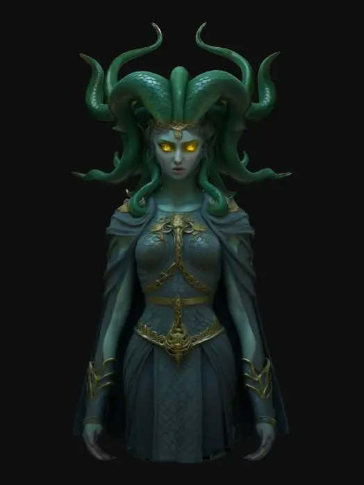 3D model for Photorealistic character inspired by Medusa from Greek mythology. A hauntingly beautiful female figure with pale greenish skin, glowing golden eyes, and living serpents for hair — each snake animated and hissing independently. Her expression is cold and regal, blending seduction with danger. She wears ancient, cracked stone-like armor fused with golden elements, and a serpent-scale patterned cloak that drapes around her shoulders. Her lower body fades into a serpent tail or remains humanoid with clawed feet. Marble-like skin shows traces of magic and curse marks. Dramatic lighting highlights her in a ruined temple or underground lair. Ultra-detailed textures, magical aura, and cinematic atmosphere.