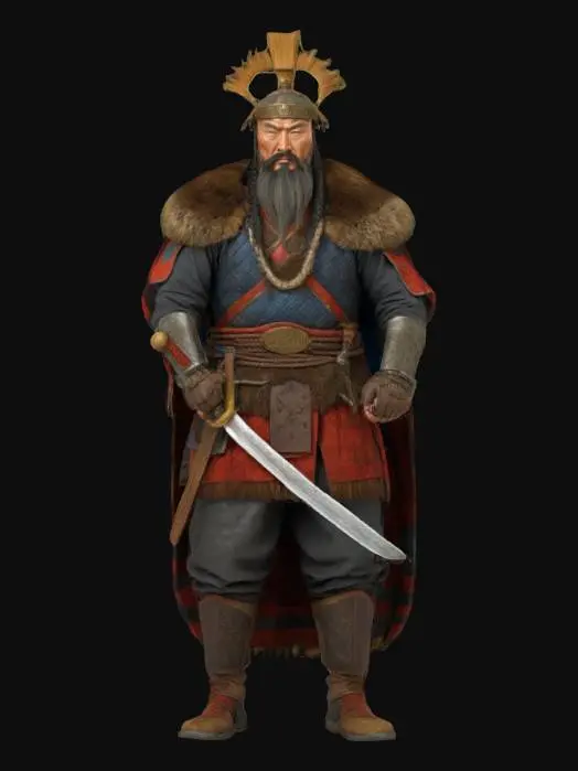 3D model for Ultra-detailed character of Genghis Khan, the Mongol emperor and legendary warlord. A powerful, broad-shouldered man in his late 50s with a stern, commanding expression. He has a long, braided beard, deep-set eyes, and weathered skin marked by years of battle. Wears traditional Mongol armor: layered leather and iron plates with fur-lined shoulders and a high-collared tunic. His helmet is ornate but practical, with a metal crest and fur trim. Holds a curved sword or composite bow, with a fur cape flowing in the wind. Mounted or standing on a battlefield with dust and banners behind him. Realistic PBR textures, war-worn details, and cinematic lighting.