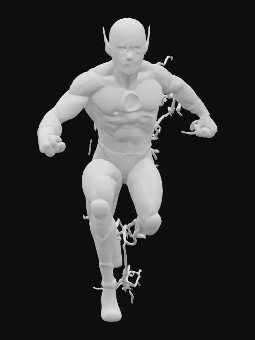 3D model for 3D model of a dynamic male superhero inspired by The Flash, captured mid-run in a powerful sprinting pose. The character wears a sleek, form-fitting red suit with metallic gold lightning accents across the chest, arms, and boots. His mask covers most of the face except for the lower jaw, with detailed lightning bolt ear pieces. Muscular athletic build with highly defined anatomy, dynamic fabric folds showing motion and tension.

The model is posed leaning forward, one leg extended back and one forward, arms pumping, body slightly twisted with speed trails incorporated as stylized energy streaks. High-poly mesh with ultra-detailed 8K PBR textures (fabric, metal, emissive lightning details). Cinematic lighting setup: strong directional rim light and cool backlight to enhance motion