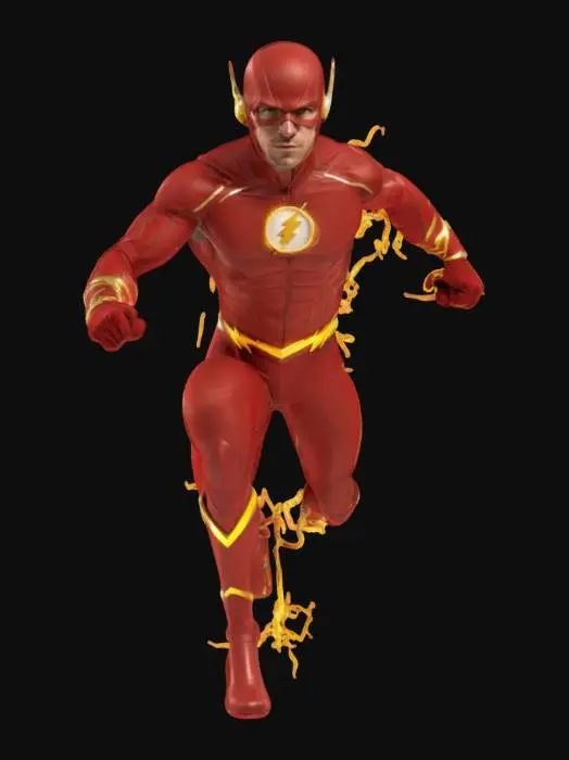 3D model for 3D model of a dynamic male superhero inspired by The Flash, captured mid-run in a powerful sprinting pose. The character wears a sleek, form-fitting red suit with metallic gold lightning accents across the chest, arms, and boots. His mask covers most of the face except for the lower jaw, with detailed lightning bolt ear pieces. Muscular athletic build with highly defined anatomy, dynamic fabric folds showing motion and tension.

The model is posed leaning forward, one leg extended back and one forward, arms pumping, body slightly twisted with speed trails incorporated as stylized energy streaks. High-poly mesh with ultra-detailed 8K PBR textures (fabric, metal, emissive lightning details). Cinematic lighting setup: strong directional rim light and cool backlight to enhance motion