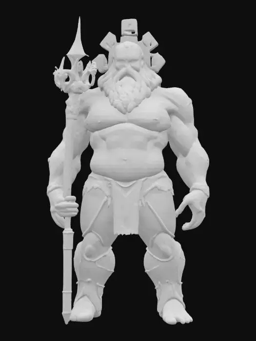 3D model for Ultra-detailed 3D model of a colossal humanoid Titan inspired by ancient Greek mythology. Standing with an imposing, god-like presence, the character has a muscular, exaggerated physique covered in marble-like skin with glowing golden cracks and inscriptions of forgotten runes. His eyes burn with primordial energy, and his face is stern and weathered, with a stone crown or jagged crest emerging from his brow.
In one hand, he wields a massive celestial weapon (e.g., a hammer, trident, or chained pillar). Posed mid-stride or in a commanding stance, towering over ruins or mountainous terrain.
High-poly mesh with ultra-detailed 8K PBR textures (fabric, metal, emissive lightning details). Cinematic lighting setup: strong directional rim light and cool backlight to enhance motion