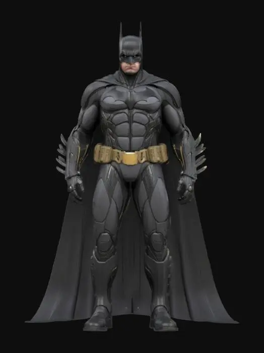 3D model for Ultra-detailed 3D model of Batman in a cinematic tech-futuristic style. The character stands in a dark, heroic pose, wearing a highly advanced Batsuit composed of layered, matte-black nano-armor plating with illuminated circuit traces and reactive surface segments. The suit blends hard tactical shell pieces with flexible synthetic fibers, optimized for mobility and protection, with micro-mechanical joints and carbon-fiber textures.
The cape is dark metallic-fiber mesh with shape-memory behavior, flowing with realistic weight and physics. The utility belt is sleek, magnetized, with modular tech gadgets and compartments. The gloves and boots include high-tech details like kinetic amplifiers and embedded thruster vents