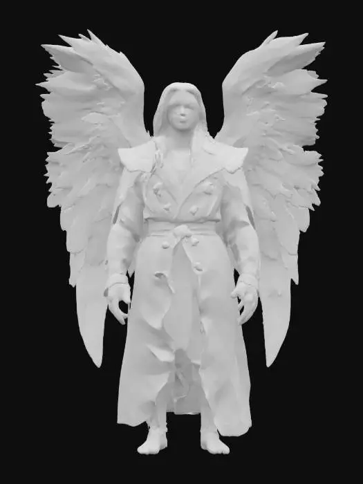 3D model for Ultra-detailed 3D model of a fallen angel inspired by Lucignolo, with a dark, elegant aesthetic. Male figure with defined but lean build, pale skin, and long silver hair flowing behind. Wears a torn, regal coat or chest harness with ancient symbols. Massive feathered wings arch from his back—white at the base, fading to ash-gray with singed tips. His eyes glow faintly, expression calm yet tormented. Skin shows subtle cracks or cursed markings. 8K PBR textures for feathers, skin, cloth, and metal. Cinematic lighting with soft key and cool rim light. Fully rigged, ideal for fantasy scenes.