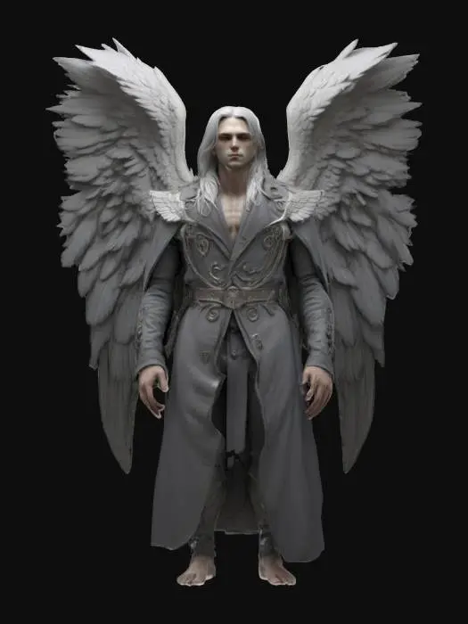 3D model for Ultra-detailed 3D model of a fallen angel inspired by Lucignolo, with a dark, elegant aesthetic. Male figure with defined but lean build, pale skin, and long silver hair flowing behind. Wears a torn, regal coat or chest harness with ancient symbols. Massive feathered wings arch from his back—white at the base, fading to ash-gray with singed tips. His eyes glow faintly, expression calm yet tormented. Skin shows subtle cracks or cursed markings. 8K PBR textures for feathers, skin, cloth, and metal. Cinematic lighting with soft key and cool rim light. Fully rigged, ideal for fantasy scenes.