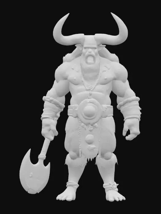3D model for Ultra-detailed 3D model of a fearsome Minotaur, a towering humanoid creature with the muscular physique of a warrior and the head of a powerful black bull. Thick, weathered horns curve upward from its skull, chipped from battle. Its face is bestial, with glowing eyes, snarling expression, and flared nostrils. 
Carries a massive double-headed axe slung across its back or gripped in one hand. The creature’s skin is textured with pores, veins, and hair detail, transitioning into coarse fur across the shoulders, forearms, and legs. Adorned with chains, bones, and war trophies. Ideal for cinematic battle scenes or mythological fantasy worlds.