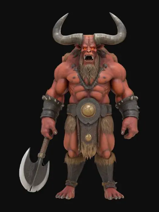 3D model for Ultra-detailed 3D model of a fearsome Minotaur, a towering humanoid creature with the muscular physique of a warrior and the head of a powerful black bull. Thick, weathered horns curve upward from its skull, chipped from battle. Its face is bestial, with glowing eyes, snarling expression, and flared nostrils. 
Carries a massive double-headed axe slung across its back or gripped in one hand. The creature’s skin is textured with pores, veins, and hair detail, transitioning into coarse fur across the shoulders, forearms, and legs. Adorned with chains, bones, and war trophies. Ideal for cinematic battle scenes or mythological fantasy worlds.