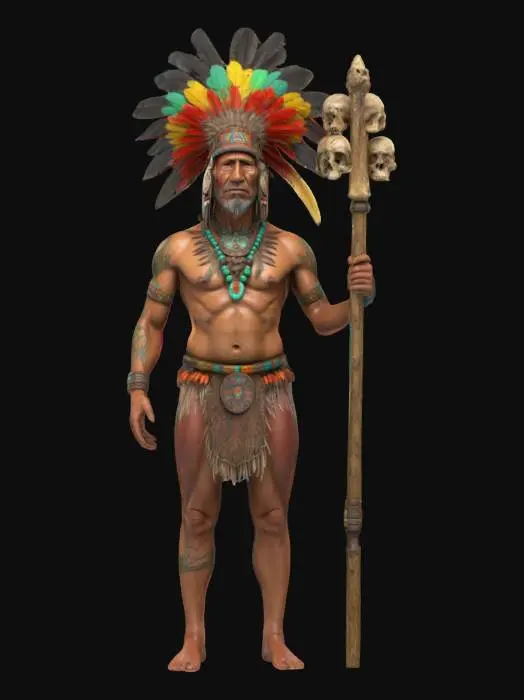 3D model for Ultra-detailed 3D model of an Aztec shaman, photorealistic and richly textured. Wears a feathered headdress with vibrant colors, bone and jade jewelry, and a ceremonial loincloth with intricate patterns. Skin is weathered, with tribal tattoos and body paint. Holds a staff adorned with skulls, feathers, and glowing stones. Face is expressive, wise and intense, with deep wrinkles and piercing eyes. 8K PBR textures for skin, fabric, feathers, wood, and stone. Clean UVs, fully rigged, watertight mesh. Ideal for historical or fantasy settings, rendered with warm, cinematic lighting.