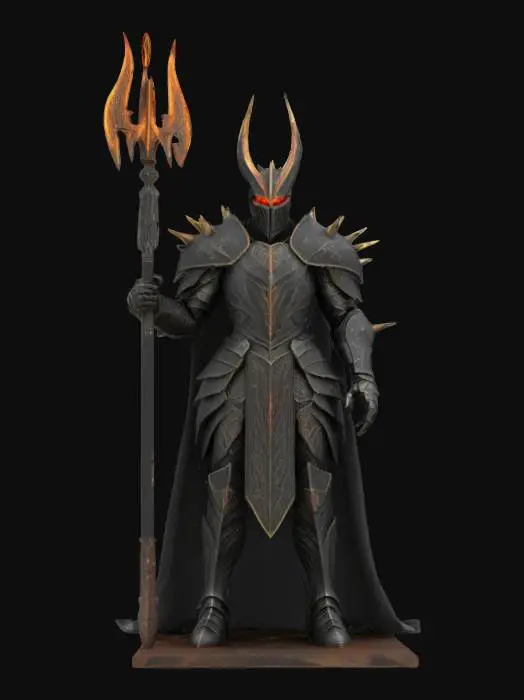 3D model for Ultra-detailed 3D model of Sauron from The Lord of the Rings, in full dark armor. Towering and menacing, with spiked black plate armor adorned with engraved runes and battle damage. Wears a jagged crown fused to his helmet, glowing eyes visible beneath. Holds a massive mace with sharp, brutal design. Cape flows behind in tattered black fabric. Armor reflects faint molten orange light, hinting at inner power. 8K PBR textures for metal, fabric, and magical glow. Cinematic lighting with fiery ambient tones and cold rim light. Ideal for dark fantasy scenes or boss encounters.