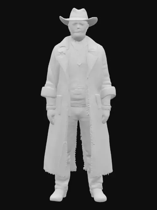 3D model for Ultra-detailed 3D model of a rugged cowboy in cinematic western style. Wears a sand-colored wool poncho with thick folds and realistic fabric texture. Over it, a weathered dark beige leather coat layered with dust and sun-bleached edges. Light brown cowboy hat shows deep wear, creases, and faded stitching. A worn leather belt and holster feature aged rivets and patina. Skin is tanned and wrinkled, with a rough grey beard. Cracked, dusty boots with torn soles. 8K PBR textures for fabric, leather, skin, and dust. Cinematic lighting with warm sunset tones and hard shadows.