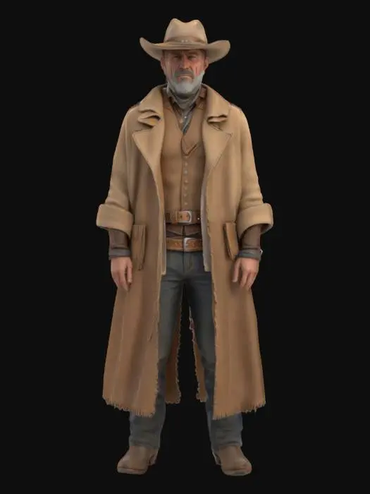 3D model for Ultra-detailed 3D model of a rugged cowboy in cinematic western style. Wears a sand-colored wool poncho with thick folds and realistic fabric texture. Over it, a weathered dark beige leather coat layered with dust and sun-bleached edges. Light brown cowboy hat shows deep wear, creases, and faded stitching. A worn leather belt and holster feature aged rivets and patina. Skin is tanned and wrinkled, with a rough grey beard. Cracked, dusty boots with torn soles. 8K PBR textures for fabric, leather, skin, and dust. Cinematic lighting with warm sunset tones and hard shadows.