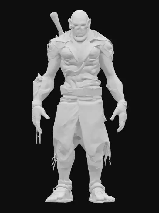 3D model for Ultra-detailed 3D model of Nemesis from Resident Evil, designed for photorealistic rendering. Tall, grotesque humanoid figure with deformed muscles, exposed tissue, and stitched skin. Wears a torn black biohazard coat with straps, buckles, and battle damage. Face is partially covered, revealing sharp teeth and grotesque jaw structure. Right arm is mutated, oversized, and veined. Carries a large rocket launcher on his back or arm. 8K PBR textures for skin, leather, metal, and gore. Clean UVs, rigged, with cinematic horror lighting and wet surface reflections. Ideal for dark survival horror scenes.
