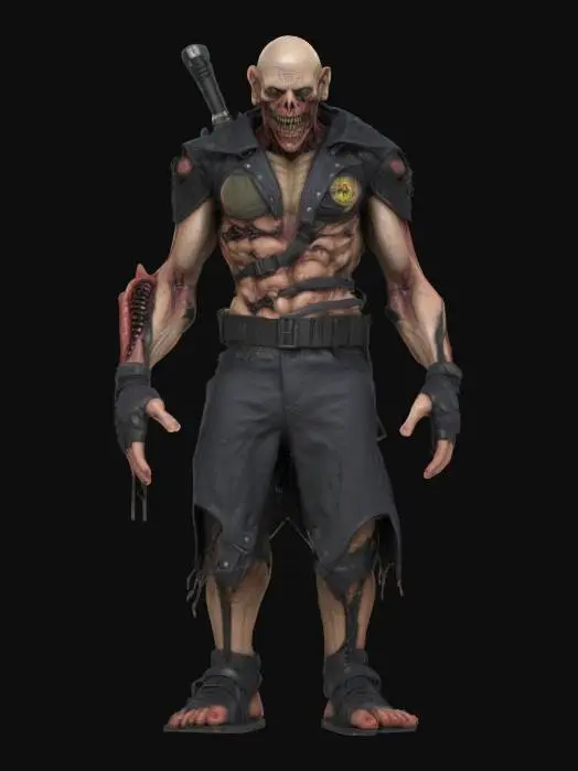 3D model for Ultra-detailed 3D model of Nemesis from Resident Evil, designed for photorealistic rendering. Tall, grotesque humanoid figure with deformed muscles, exposed tissue, and stitched skin. Wears a torn black biohazard coat with straps, buckles, and battle damage. Face is partially covered, revealing sharp teeth and grotesque jaw structure. Right arm is mutated, oversized, and veined. Carries a large rocket launcher on his back or arm. 8K PBR textures for skin, leather, metal, and gore. Clean UVs, rigged, with cinematic horror lighting and wet surface reflections. Ideal for dark survival horror scenes.