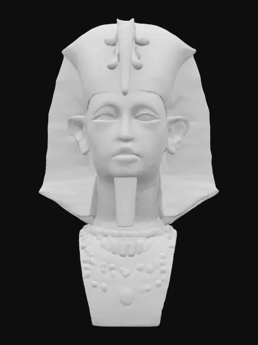 3D model for Ultra-detailed 3D bust of Pharaoh Tutankhamun, designed in photorealistic style. Wears the iconic golden nemes headdress with deep blue lapis stripes, centered cobra (uraeus), and detailed gold ornaments. Facial features are youthful, serene, with smooth sun-kissed skin, dark eyeliner, and royal beard. Pectoral jewelry rests on the chest—rich in carved gemstones and enamel detailing. Subtle aging, light dust, and worn gilding add realism. 8K PBR textures for gold, stone, fabric, and skin. Studio lighting enhances reflections and shadow depth. Perfect for museum-quality renders or historical reconstructions.