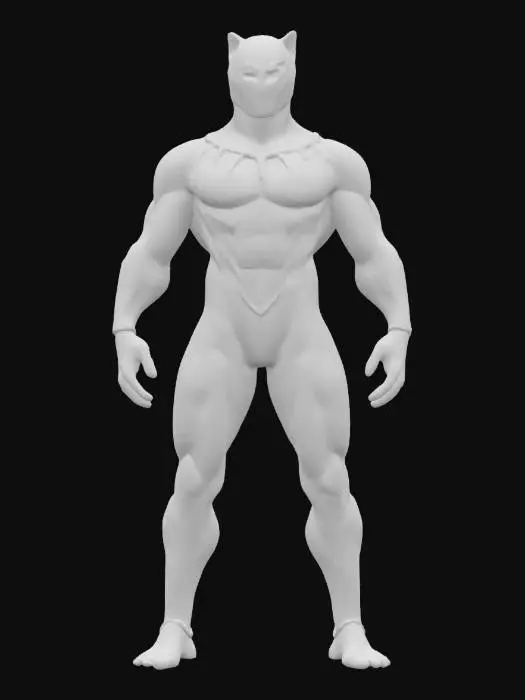 3D model for Ultra-detailed 3D model of Black Panther in cinematic style. Wears sleek vibranium suit with fine silver tribal patterns and nano-texture detailing. Muscular build, form-fitting armor with matte and gloss contrast, reinforced around chest and shoulders. Mask features sharp contours, feline eyes, and carved markings. Claws extended, posed in agile stance. Subtle wear on suit edges. 8K PBR textures for fabric, metal, and emissive elements. Clean UVs, rigged, with cinematic lighting: cool key light and sharp rim light to highlight silhouette and textures. Ideal for film or superhero action scenes.