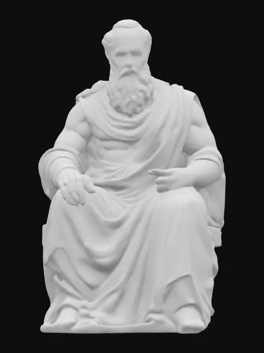 3D model for Ecco un prompt ispirato alla scultura dell’immagine (simile al Mosè di Michelangelo), pensato per un modello 3D ultra-dettagliato in marmo classico:

⸻

Prompt:

Ultra-detailed 3D model of a seated bearded figure inspired by Renaissance marble sculpture. Depicted with powerful anatomy and deeply carved flowing beard, draped in finely sculpted classical robes. One hand holds part of the beard, the other rests on the torso, expressing tension and wisdom. Facial expression is intense and thoughtful, with furrowed brows and defined gaze. Robes feature realistic folds and layering. Made of polished Carrara marble with subtle aging, light cracks, and natural veining. 8K PBR textures for stone. Museum lighting enhances form, shadow, and craftsmanship.