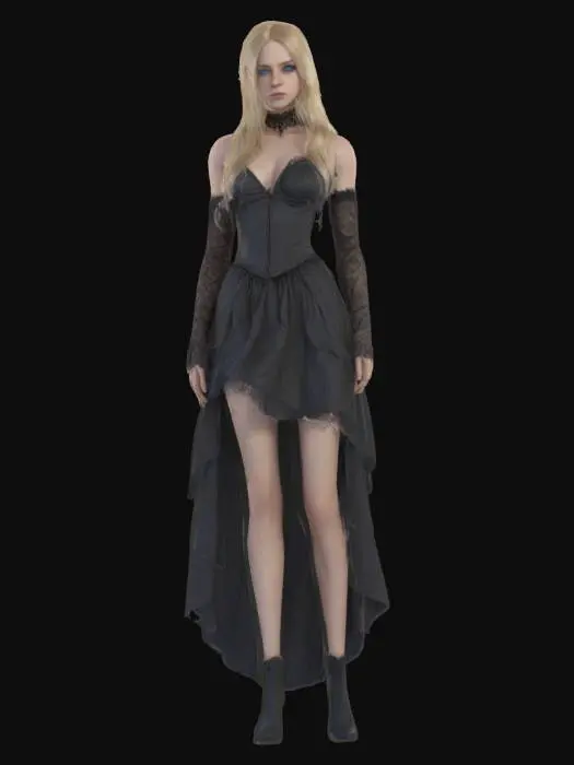 3D model for Photorealistic, adult gorgeous woman, Her face is so realistic, blue eyes; Highly Detailed, Full Body realistic, it has long blond hair, wearing goth dress, #iper #realistic#