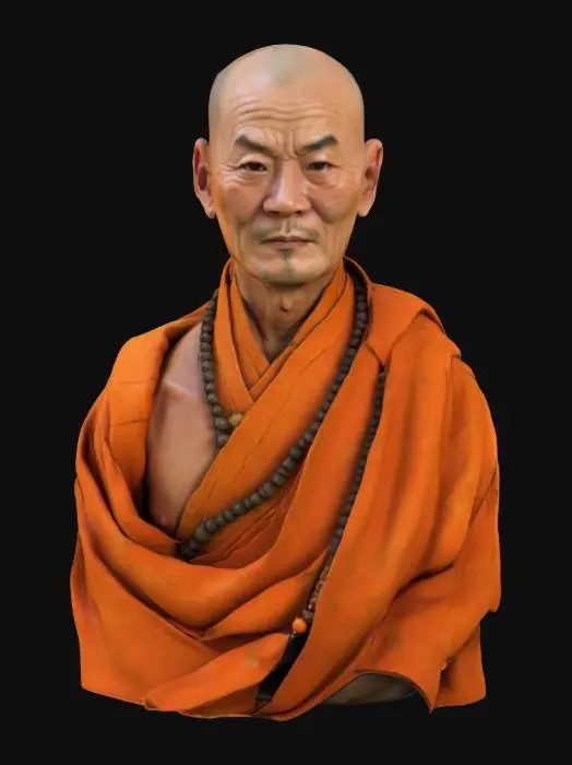 3D model for Ultra-detailed 3D model of a 70-year-old Shaolin monk in traditional orange robes. Bald head, wrinkled face with calm, wise expression, and long eyebrows. Skin shows age spots, veins, and weathered texture. Robe draped naturally with realistic fabric folds and woven texture. Wears prayer beads around the neck and cloth sandals. Lean but defined body with visible muscle tone. 8K PBR textures for skin, fabric, wood, and leather. Clean UVs, watertight mesh. Studio lighting with warm highlights and soft shadows enhances serenity and detail. Ideal for spiritual or martial arts scenes.