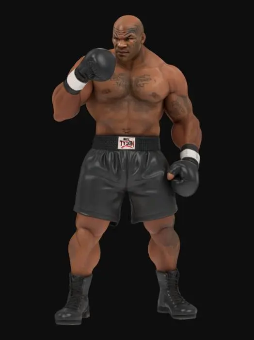 3D model for Ultra-detailed 3D model of Mike Tyson in peak boxing form. Muscular build with defined abs, arms, and shoulders. Wears black boxing shorts, black gloves, and boxing boots. Signature facial tattoo and intense focused expression. Skin shows pores, sweat sheen, and subtle scars. Body posed in guard or mid-punch. Includes boxing ring base or training environment. 8K PBR textures for skin, fabric, leather, and gloss. Clean UVs, watertight mesh. Cinematic lighting with hard key and rim light to emphasize physique and intensity. Ideal for sports, fight games, or realistic portraits.