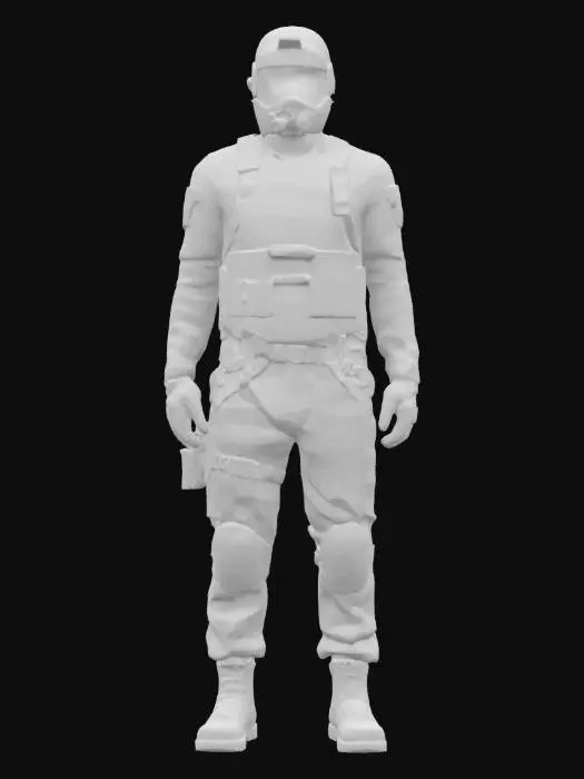 3D model for Ultra-detailed 3D concept of a black tactical climbing suit made of Teflar-like synthetic fiber. Tight-fitting and lightweight, with reinforced panels on knees, elbows, and shoulders. Integrated harness attachment points at hips and chest. Zippered chest pocket, utility loops, and breathable mesh zones under arms. Textured grip pads on forearms and thighs. Matte finish with subtle hex pattern. Reflective strips along seams. 8K PBR textures for fabric, carbon reinforcements, zippers, and stitching. Clean UVs, watertight mesh. Ideal for stealth, climbing, or techwear characters. Studio lighting enhances structure and material sheen.