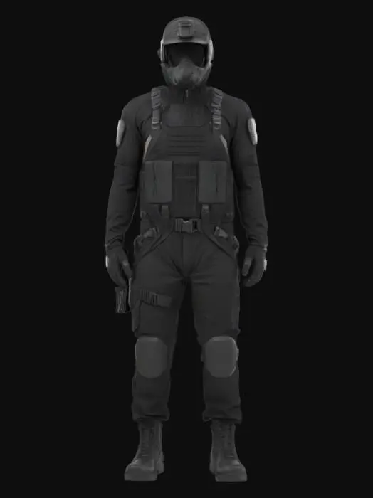 3D model for Ultra-detailed 3D concept of a black tactical climbing suit made of Teflar-like synthetic fiber. Tight-fitting and lightweight, with reinforced panels on knees, elbows, and shoulders. Integrated harness attachment points at hips and chest. Zippered chest pocket, utility loops, and breathable mesh zones under arms. Textured grip pads on forearms and thighs. Matte finish with subtle hex pattern. Reflective strips along seams. 8K PBR textures for fabric, carbon reinforcements, zippers, and stitching. Clean UVs, watertight mesh. Ideal for stealth, climbing, or techwear characters. Studio lighting enhances structure and material sheen.
