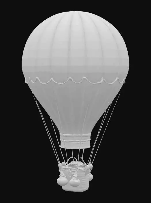 3D model for Ultra-detailed 3D model of a photorealistic hot air balloon. Large fabric envelope with stitched panels, seams, and subtle wind inflation. Vibrant color patterns or vintage faded fabric with realistic wear. Suspension cables connect to a detailed wicker basket with metal reinforcements, gas tanks, and burners with nozzles and valves. Rope coils and sandbags included. 8K PBR textures for fabric, wood, metal, and rope. Clean UVs, watertight mesh. Cinematic lighting with soft sky reflections and natural shadows. Ideal for adventure, exploration, or aerial scenes.