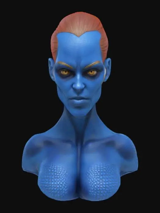 3D model for Ultra-detailed 3D model of a photorealistic character inspired by Mystique from X-Men. Skin is deep blue with fine scale-like texture across face and forehead. Features include sharp cheekbones, golden reptilian eyes with slit pupils, and defined jawline. Eyebrows are minimal or absent, lips slightly darker blue with natural gloss. Hair is slicked back or sculpted, fiery red with realistic strand flow and shine. 8K PBR textures for skin, eyes, and hair with subtle subsurface scattering. Clean UVs, watertight mesh, rigged for expressions. Studio lighting with cool highlights enhances texture depth and dramatic look.