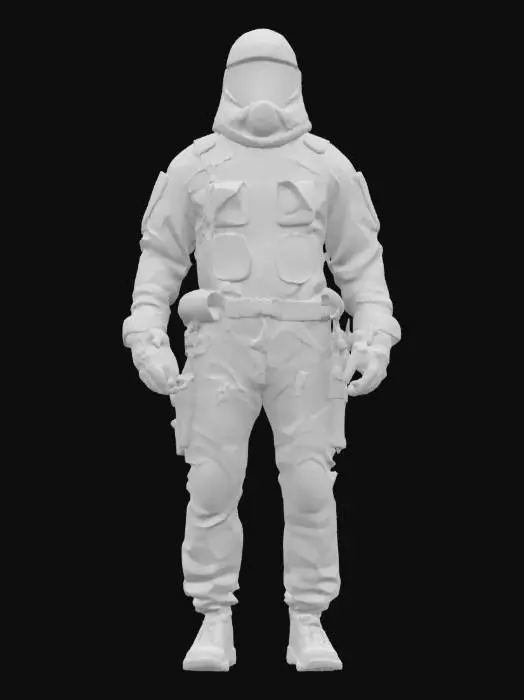 3D model for Ultra-detailed 3D concept of a black tactical climbing suit made of Teflar-like synthetic fiber. Tight-fitting and lightweight, with reinforced panels on knees, elbows, and shoulders. Integrated harness attachment points at hips and chest. Zippered chest pocket, utility loops, and breathable mesh zones under arms. Textured grip pads on forearms and thighs. Matte finish with subtle hex pattern. Reflective strips along seams. 8K PBR textures for fabric, carbon reinforcements, zippers, and stitching. Clean UVs, watertight mesh. Ideal for stealth, climbing, or techwear characters. Studio lighting enhances structure and material sheen.