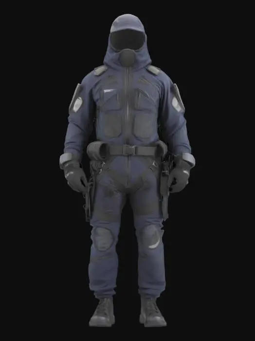 3D model for Ultra-detailed 3D concept of a black tactical climbing suit made of Teflar-like synthetic fiber. Tight-fitting and lightweight, with reinforced panels on knees, elbows, and shoulders. Integrated harness attachment points at hips and chest. Zippered chest pocket, utility loops, and breathable mesh zones under arms. Textured grip pads on forearms and thighs. Matte finish with subtle hex pattern. Reflective strips along seams. 8K PBR textures for fabric, carbon reinforcements, zippers, and stitching. Clean UVs, watertight mesh. Ideal for stealth, climbing, or techwear characters. Studio lighting enhances structure and material sheen.