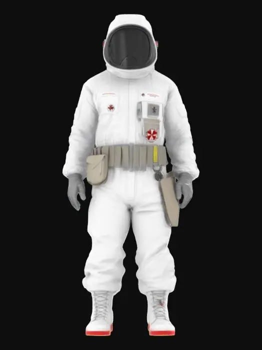 3D model for Ultra-detailed 3D model of a medical operative in a white biohazard containment suit, inspired by Umbrella Corporation. The suit is sealed, with reinforced seams, ventilation filters, and subtle wrinkling. Clear visor reveals part of the face or reflective glass with HUD glow. Chest and arm display the red-and-white Umbrella logo. Gloves and boots are textured rubber, slightly worn. Utility belt with syringes and medical tools. 8K PBR textures for fabric, plastic, glass, and decals. Clean UVs, watertight mesh. Cinematic lighting with cool sterile tones and soft shadowing. Ideal for sci-fi or biohazard scenes.