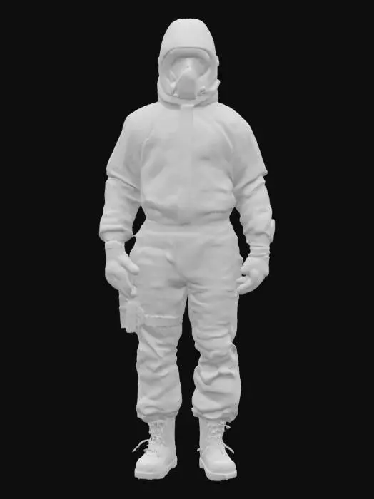 3D model for Ultra-detailed 3D model of a medical operative in a white biohazard containment suit, inspired by Umbrella Corporation. The suit is sealed, with reinforced seams, ventilation filters, and subtle wrinkling. Clear visor reveals part of the face or reflective glass with HUD glow. Chest and arm display the red-and-white Umbrella logo. Gloves and boots are textured rubber, slightly worn. Utility belt with syringes and medical tools. 8K PBR textures for fabric, plastic, glass, and decals. Clean UVs, watertight mesh. Cinematic lighting with cool sterile tones and soft shadowing. Ideal for sci-fi or biohazard scenes.