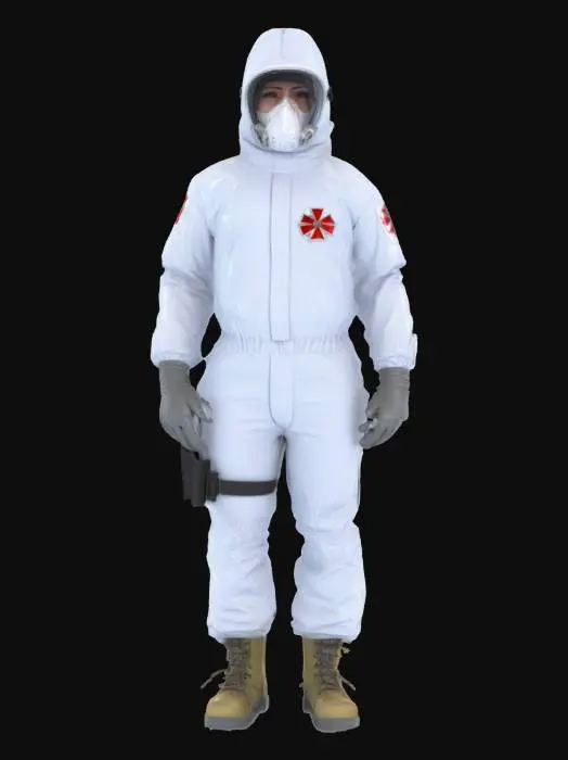 3D model for Ultra-detailed 3D model of a medical operative in a white biohazard containment suit, inspired by Umbrella Corporation. The suit is sealed, with reinforced seams, ventilation filters, and subtle wrinkling. Clear visor reveals part of the face or reflective glass with HUD glow. Chest and arm display the red-and-white Umbrella logo. Gloves and boots are textured rubber, slightly worn. Utility belt with syringes and medical tools. 8K PBR textures for fabric, plastic, glass, and decals. Clean UVs, watertight mesh. Cinematic lighting with cool sterile tones and soft shadowing. Ideal for sci-fi or biohazard scenes.