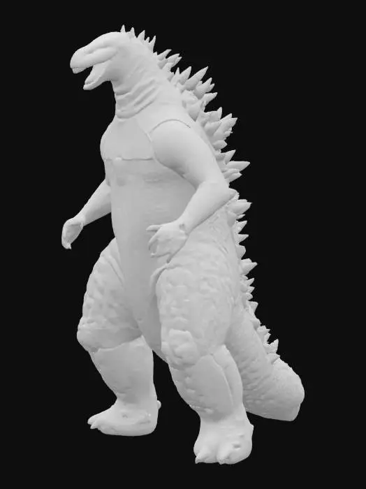 3D model for Ultra-detailed 3D model of Godzilla in action figure style. Massive, towering reptilian body with rough, scaled texture and powerful limbs. Dorsal spines are jagged and glow with inner blue light. Tail is thick and segmented, coiled dynamically. Face features sharp teeth, deep-set eyes, and roaring expression. Posed in mid-step or power stance. 8K PBR textures for scales, claws, glowing spines, and battle wear. Clean topology, watertight mesh, ideal for collectible figure or kaiju game asset. Studio lighting enhances depth, reflections, and silhouette.