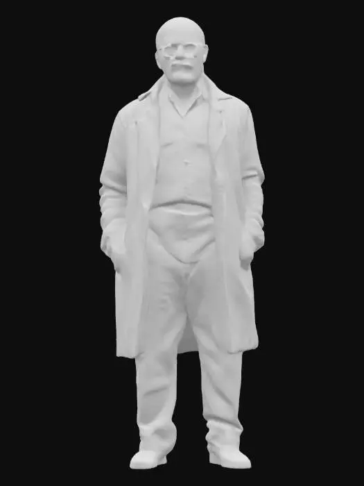 3D model for Highly detailed 3D model of a middle-aged male character inspired by a chemistry teacher turned criminal mastermind. He has a bald head, neatly trimmed goatee, and intense, focused expression. Wears thin-rimmed glasses, a beige windbreaker or green shirt with khaki pants, and simple brown shoes. Facial details include wrinkles, light skin imperfections, and a cold, calculating gaze. The model includes realistic cloth simulation, skin shading, and accessories like a watch and a handgun holster or duffel bag. PBR textures (albedo, normal, roughness, metalness), clean UVs, rigged and game-ready, optimized for cinematic rendering in Unreal Engine 5 or Blender Cycles.