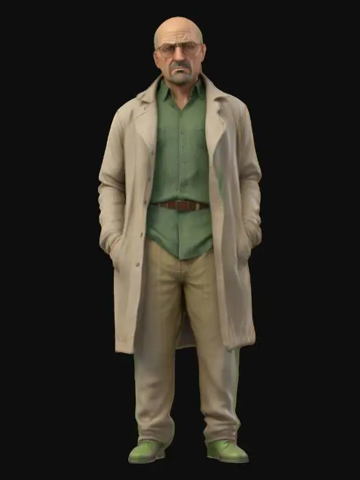 3D model for Highly detailed 3D model of a middle-aged male character inspired by a chemistry teacher turned criminal mastermind. He has a bald head, neatly trimmed goatee, and intense, focused expression. Wears thin-rimmed glasses, a beige windbreaker or green shirt with khaki pants, and simple brown shoes. Facial details include wrinkles, light skin imperfections, and a cold, calculating gaze. The model includes realistic cloth simulation, skin shading, and accessories like a watch and a handgun holster or duffel bag. PBR textures (albedo, normal, roughness, metalness), clean UVs, rigged and game-ready, optimized for cinematic rendering in Unreal Engine 5 or Blender Cycles.