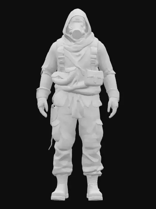 3D model for 3D photorealistic model of a post-nuclear fallout survivor, dressed in tattered rags and scavenged materials. The outfit includes layered fabric, torn jackets, wrapped forearms, and belts holding pouches or tools. The character has a dirty, rugged look with visible signs of exposure: radiation burns, scars, sunken eyes, and cracked lips. He may wear a broken gas mask, rusted shoulder pad, or a salvaged helmet fragment. Boots are damaged and caked in mud. Includes PBR textures: dirt-covered fabric, rusted metal, skin damage, grime, and dust. Fully rigged, clean UVs, high-poly or game-optimized, ready for Unreal Engine or Blender. Ideal for survival or open-world apocalyptic environments.