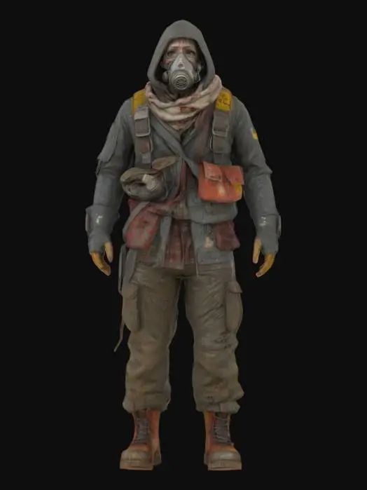 3D model for 3D photorealistic model of a post-nuclear fallout survivor, dressed in tattered rags and scavenged materials. The outfit includes layered fabric, torn jackets, wrapped forearms, and belts holding pouches or tools. The character has a dirty, rugged look with visible signs of exposure: radiation burns, scars, sunken eyes, and cracked lips. He may wear a broken gas mask, rusted shoulder pad, or a salvaged helmet fragment. Boots are damaged and caked in mud. Includes PBR textures: dirt-covered fabric, rusted metal, skin damage, grime, and dust. Fully rigged, clean UVs, high-poly or game-optimized, ready for Unreal Engine or Blender. Ideal for survival or open-world apocalyptic environments.