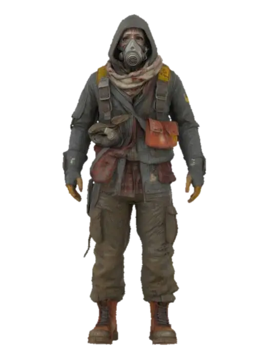 3D photorealistic model of a post-nuclear fallout survivor, dressed in tattered… - Scavenger 3D model, vytvořený pomocí AI