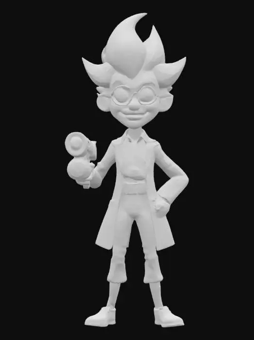 3D model for Cartoon-style illustration of a wild-eyed, spiky blue-haired scientist wearing a white lab coat, light blue shirt, brown pants, and black shoes. He is holding a glowing green portal gun in his right hand, aimed slightly upward, with green energy swirling at the nozzle. His expression is eccentric and manic, with drool on his chin and raised eyebrows. The style is exaggerated, with bold outlines and flat, vibrant colors, mimicking the Rick and Morty animation aesthetic. The background features a chaotic multiverse portal or alien dimension, with swirling green energy and bizarre creatures in the distance.