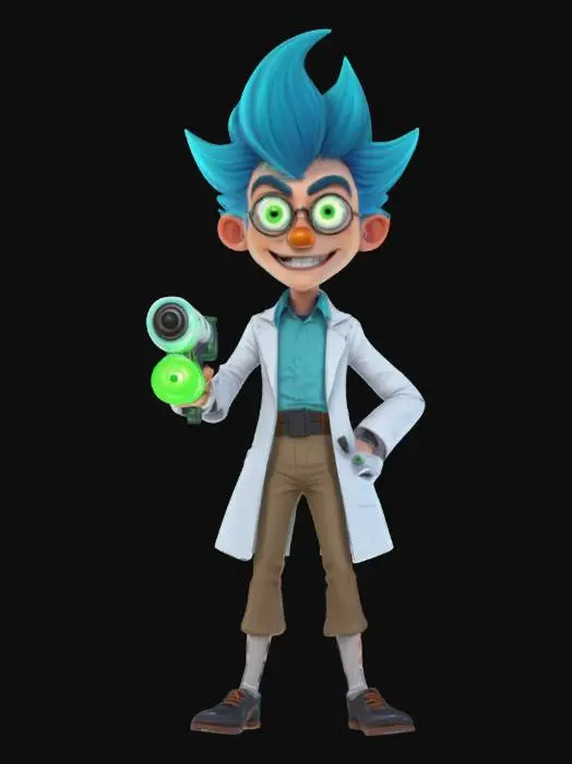 3D model for Cartoon-style illustration of a wild-eyed, spiky blue-haired scientist wearing a white lab coat, light blue shirt, brown pants, and black shoes. He is holding a glowing green portal gun in his right hand, aimed slightly upward, with green energy swirling at the nozzle. His expression is eccentric and manic, with drool on his chin and raised eyebrows. The style is exaggerated, with bold outlines and flat, vibrant colors, mimicking the Rick and Morty animation aesthetic. The background features a chaotic multiverse portal or alien dimension, with swirling green energy and bizarre creatures in the distance.