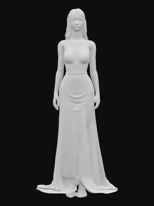 3D model for 3D photorealistic model of a blonde woman, around 30 years old, with a curvy and attractive figure, elegant posture, and confident expression. Wearing a tight, floor-length black evening gown with a plunging neckline and high slit, realistic fabric folds and shimmer. High-heeled shoes, earrings, necklace, and light makeup accentuate her formal look. Long blonde hair styled in waves or an elegant updo. High-poly model with PBR textures for skin, silk, jewelry, and makeup. Clean UVs, rigged and game-ready for Unreal Engine or Blender, ideal for cinematic or story-driven scenes.