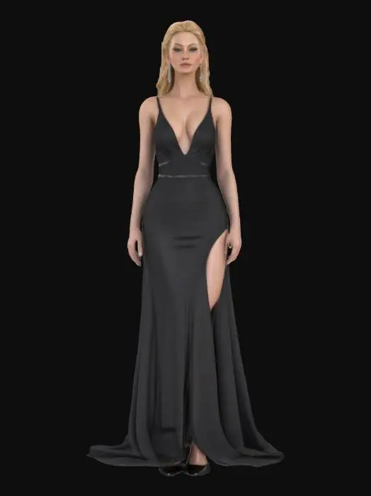 3D model for 3D photorealistic model of a blonde woman, around 30 years old, with a curvy and attractive figure, elegant posture, and confident expression. Wearing a tight, floor-length black evening gown with a plunging neckline and high slit, realistic fabric folds and shimmer. High-heeled shoes, earrings, necklace, and light makeup accentuate her formal look. Long blonde hair styled in waves or an elegant updo. High-poly model with PBR textures for skin, silk, jewelry, and makeup. Clean UVs, rigged and game-ready for Unreal Engine or Blender, ideal for cinematic or story-driven scenes.