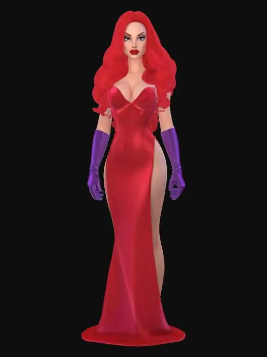 3D model for Ultra-detailed 3D model of a photorealistic female character inspired by Jessica Rabbit. Full-body figure with exaggerated hourglass silhouette, smooth flawless skin, and long wavy red hair flowing over one shoulder. Wears a shimmering deep red strapless gown with high slit, purple satin gloves, and red high heels. Facial features include sultry eyes with long lashes, bold red lips, and arched brows. 8K PBR textures for skin, fabric shimmer, hair strands, and makeup. Clean UVs, watertight mesh, rigged for animation. Studio lighting with soft glamour highlights and cinematic shadows. Ideal for stylized realism and showcase renders.